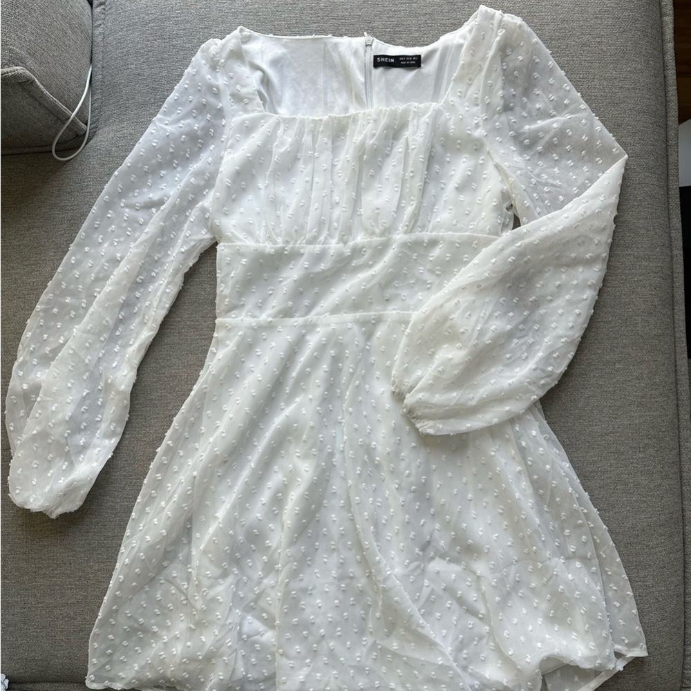 White Textured Long Sleeve Dress